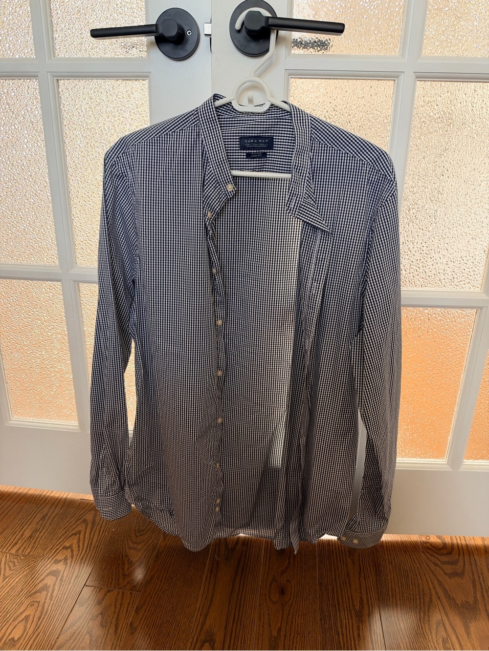 Zara Men Navy and White Mini Gingham Button-Down Shirt